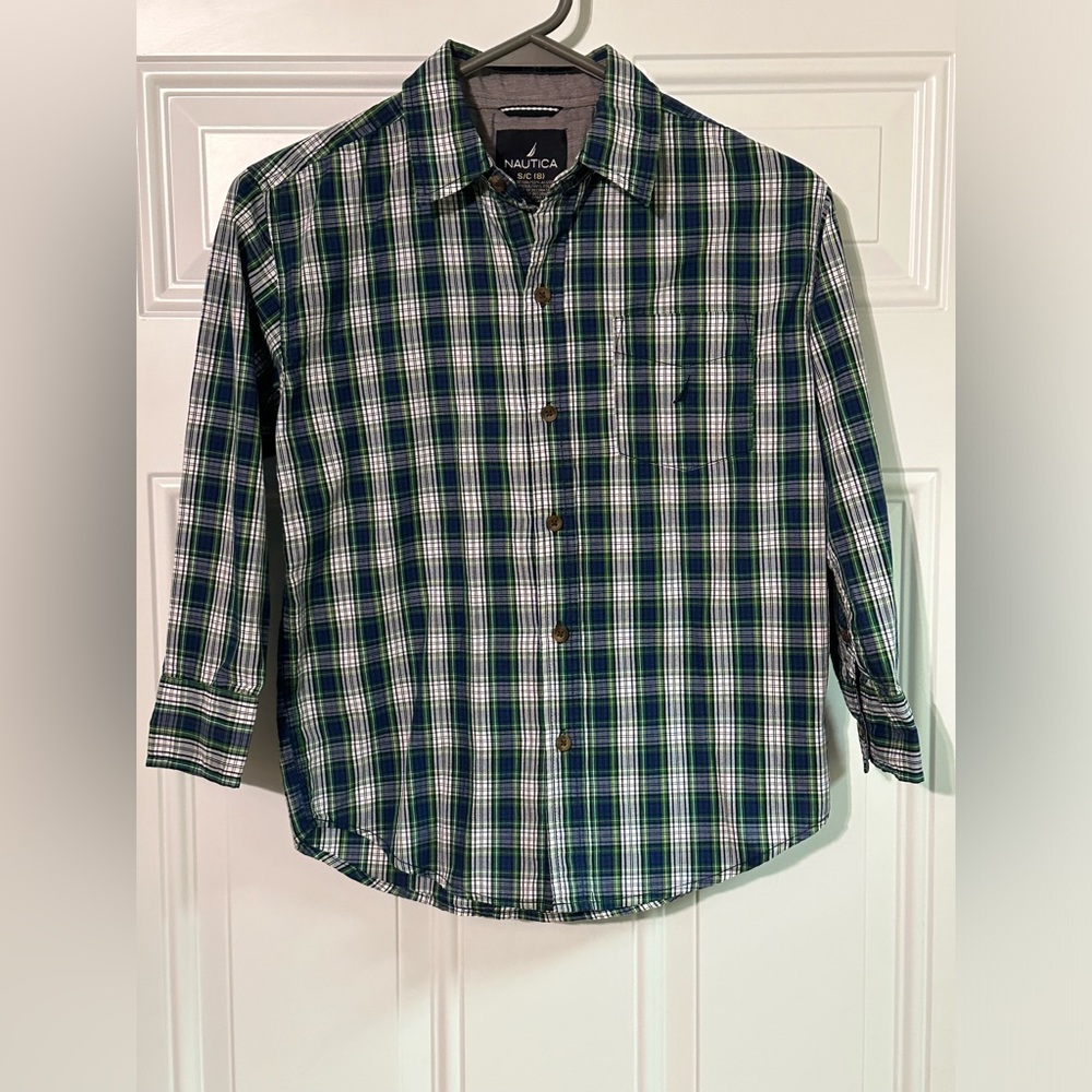 NAUTICA Shirt Boys Size S/C (8) Long Sleeve Button Up Blue/Green Kids